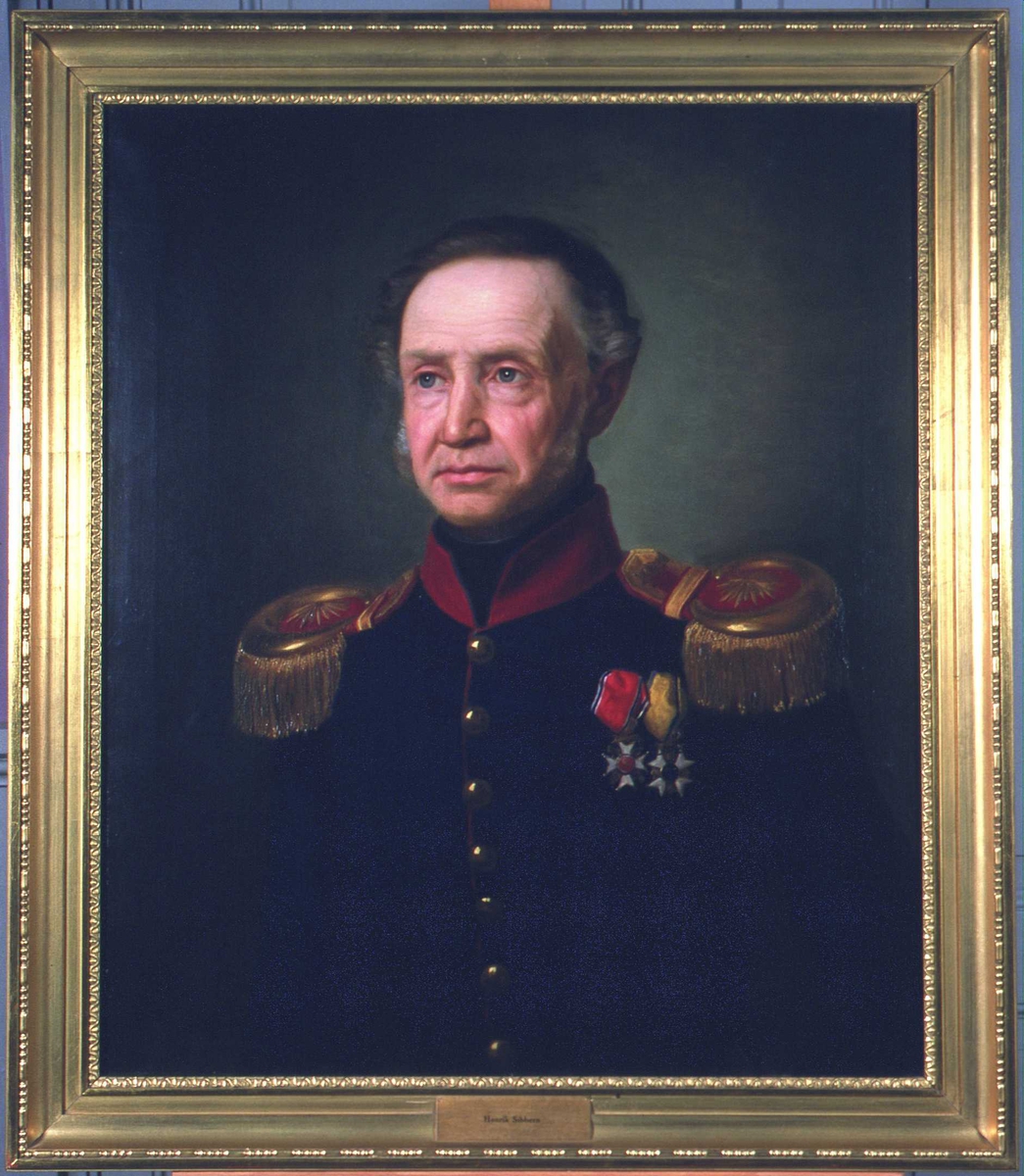 Portrett av Henrik Sibbern. Uniform, ingeniøroberstløytnantsuniform, blå kjol m/rød krave, epåletter, to ordener.