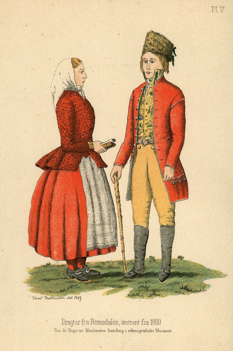 Kvinne og mann i nasjonaldrakt fra Romsdal fra ca. 1800