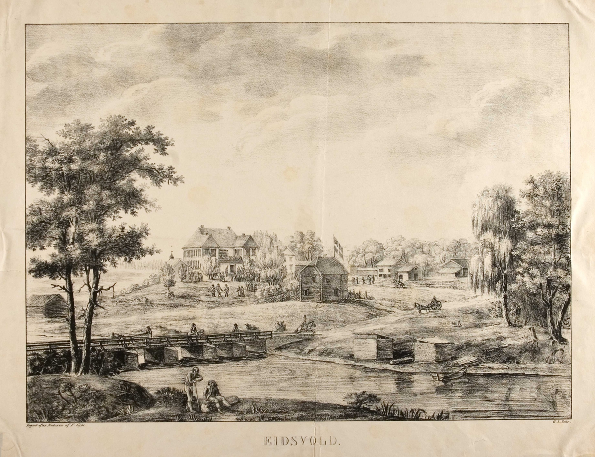 Landskap med Eidsvollsbygningen, folkeliv og bru