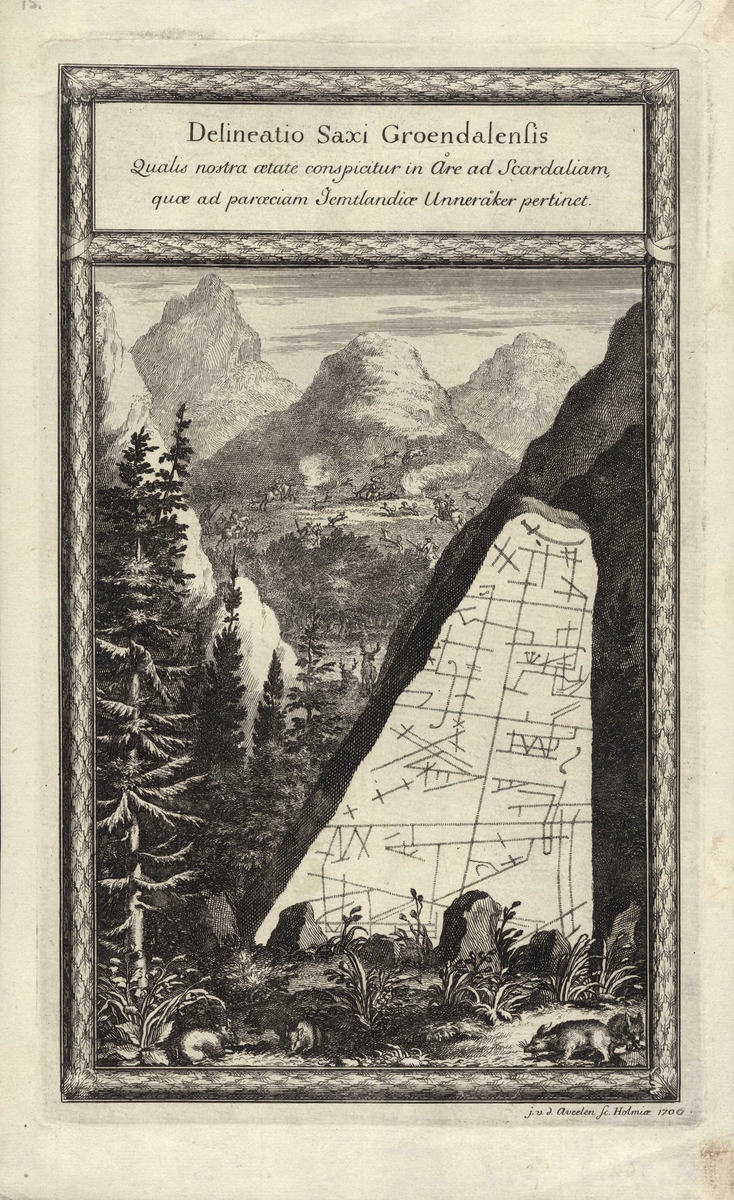 Landskap med ryttere på bjørnejakt med hunder, elg ser på og smågnagere fremst i bildet samt merkestein