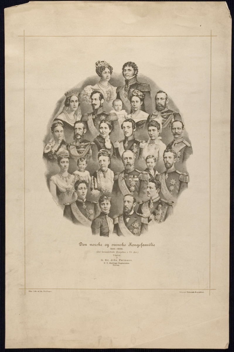 Portretter av Karl Johan og Desideria, sønnen Oscar, svigerdatteren Josephine, deres barn og svigerbarn samt barnebarn.