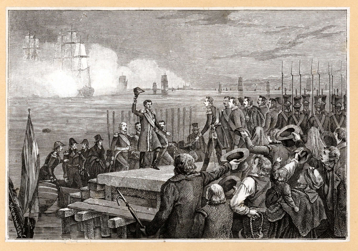 Jean Bernadottes ankomst til Sverige som nyvalgt svensk kronprins i 1810. Mottas av representanter for hoffet og jublende menneskemengde.