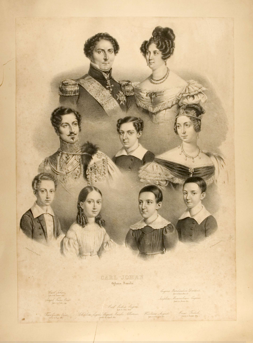 Portretter av Karl Johan og Desideria (Desireè), sønnen Oscar, svigerdatteren Josephine og deres fem barn.