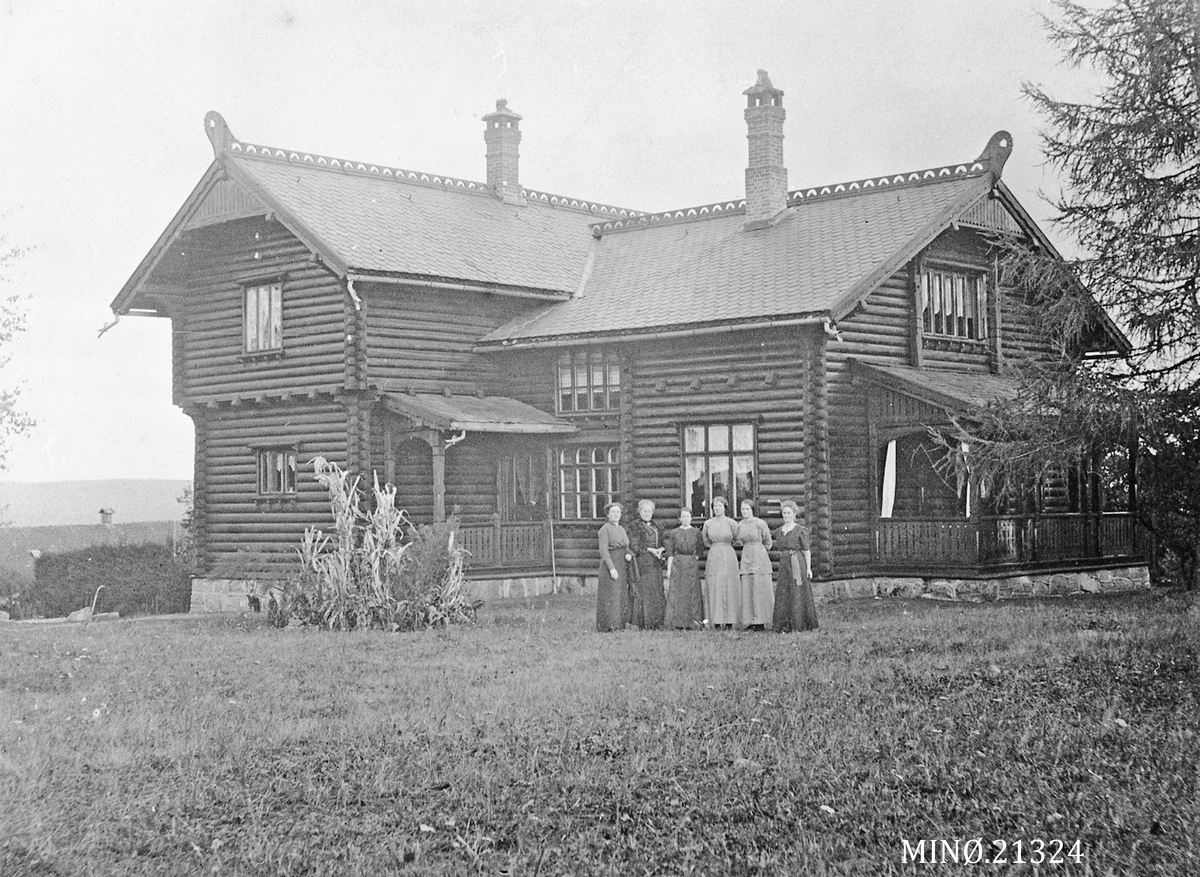 Kvinner oppstilt foran stor villa