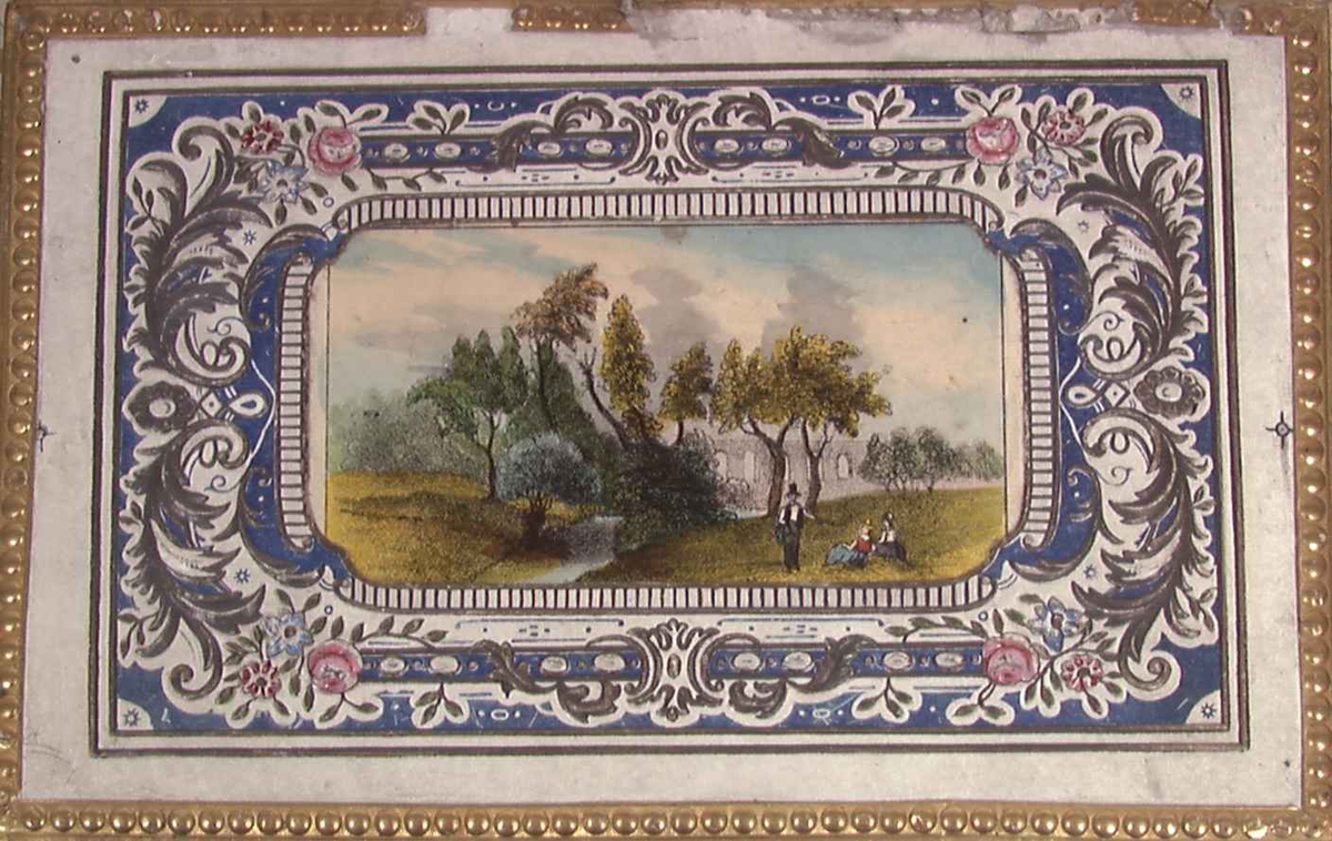 Skrin med speil i lokket. Trykket motiv på utsiden.