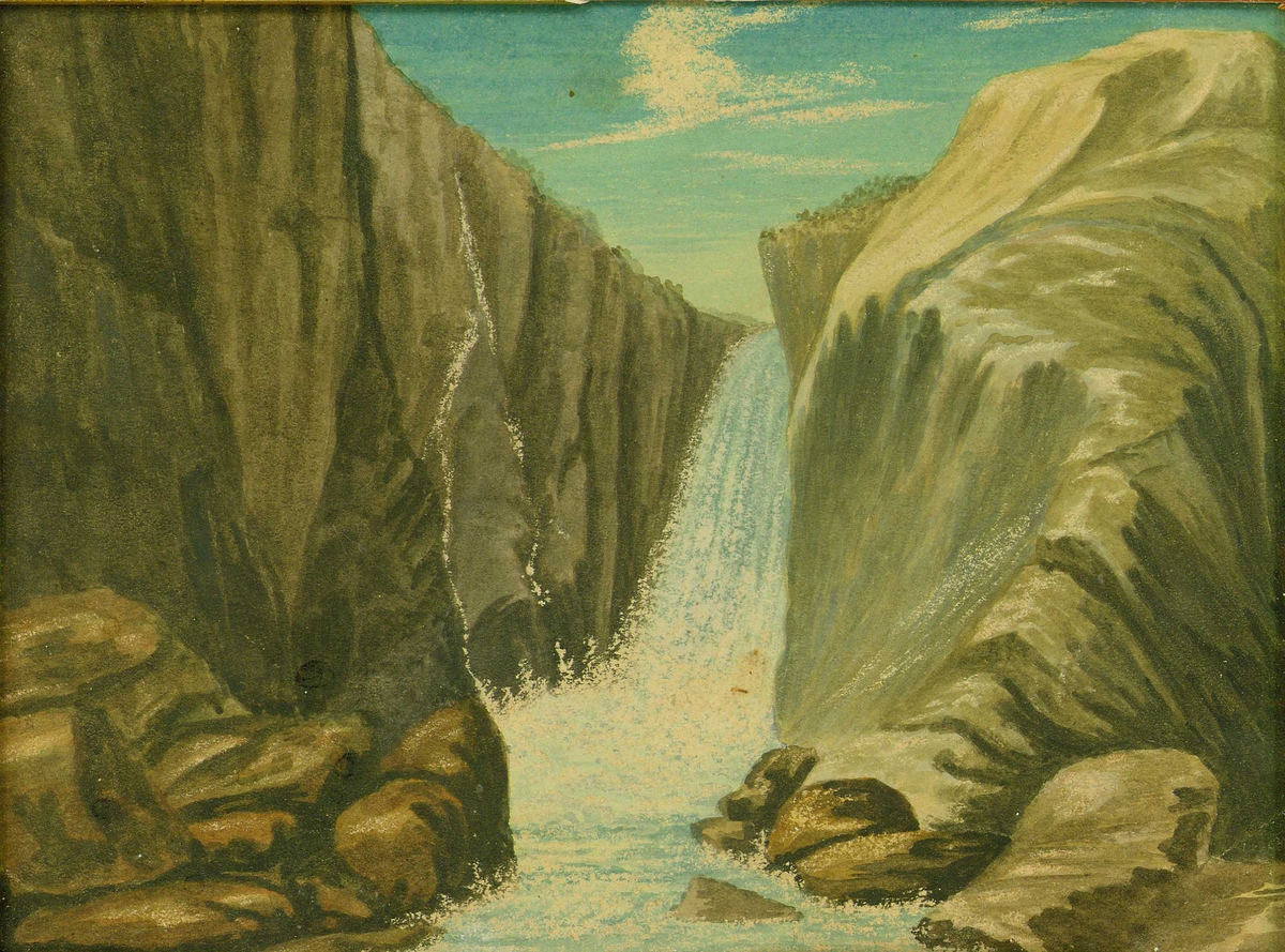 Oppstillingsliste: "Ramme: Forgylt / Henrik Ibsen: Vøringsfossen // Innskrift på baksiden sign. Francis Bull."
Akvarell i ramme.