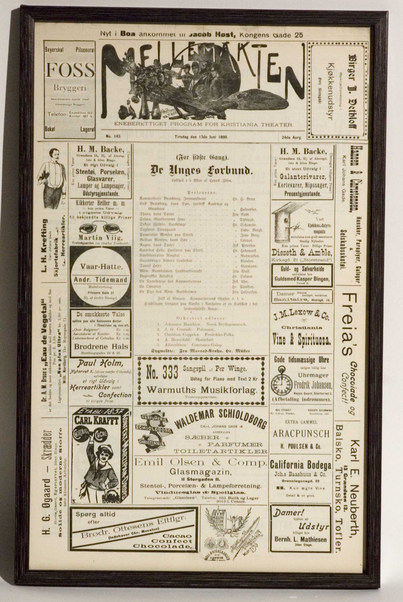 Oppstillingsliste: " Rolleliste (fra "Mellemakten") /  papir //
"De Unges Forbund " Christiania Theater 1899 (nest siste forestilling)."