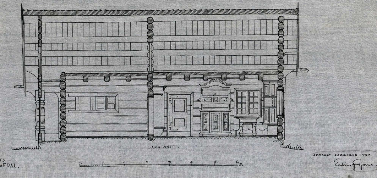 Erling Gjones tegning (1927) av stue fra Nordre Gjellerud, Flesberg, Buskerud. Plan- og snittegning.