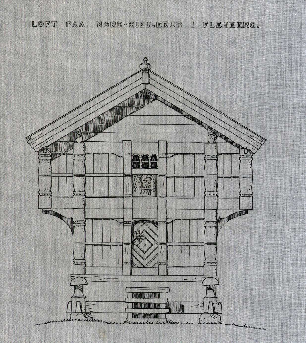 Erling Gjones tegning (1927) av loft fra Nordre Gjellerud, Flesberg, Buskerud.