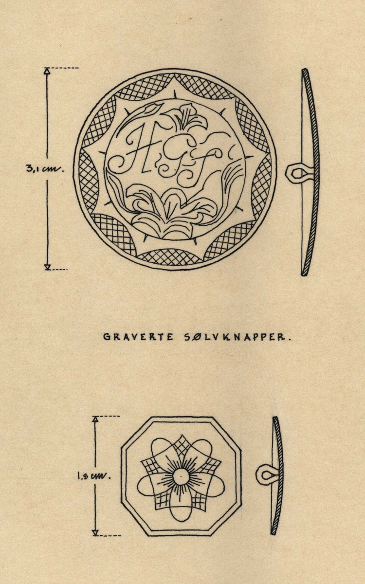 Erling Gjones tegning (1928) nøkkel av smijern til en kiste fra 1727, gravert sølvknapper og punglås av messing, Søre Vangestad, Flesberg, Buskerud. 