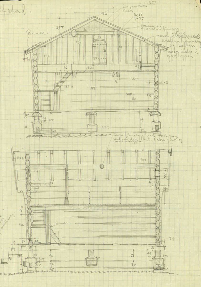 Erling Gjones forarbeid (1927) til oppmåling av loft på Alstad i Rollag, Bukserud. Plan og snittegning.