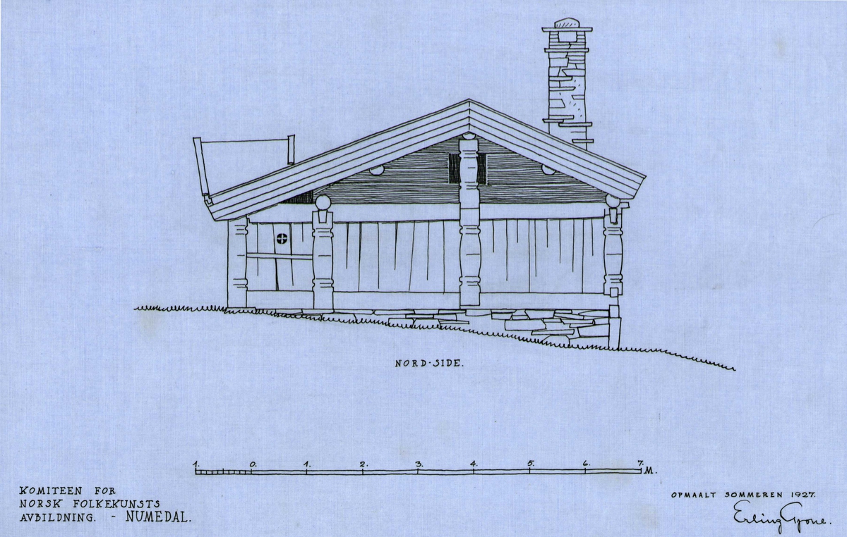 Erling Gjones tegning (1927) av stue på Hoff i Rollag, Buskerud.