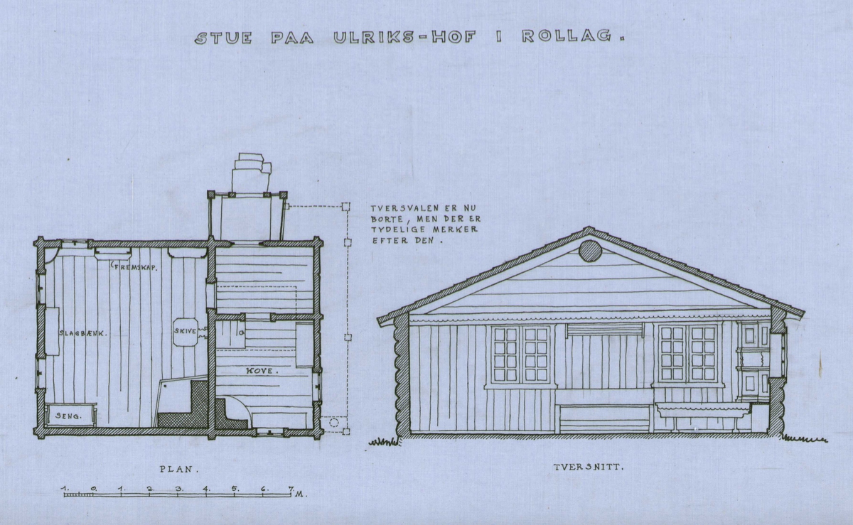 Erling Gjones tegning (1927) av stue på Ulrikshov i Rollag, Buskerud. Snitt- og plantegning.