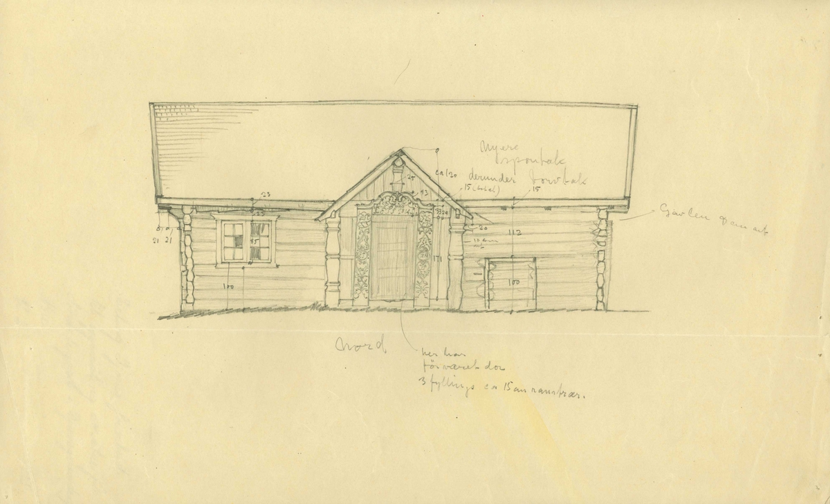 Erling Gjones (1925) forarbeid til oppmåling av stue på Sønstegård i Gjuvsgrendi, Nore og Uvdal, Buskerud.