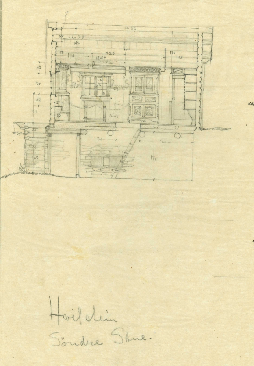 Erling Gjones forarbeid (1926) til oppmåling av søndre stue på Hvilstein i  Nore, Buserud.