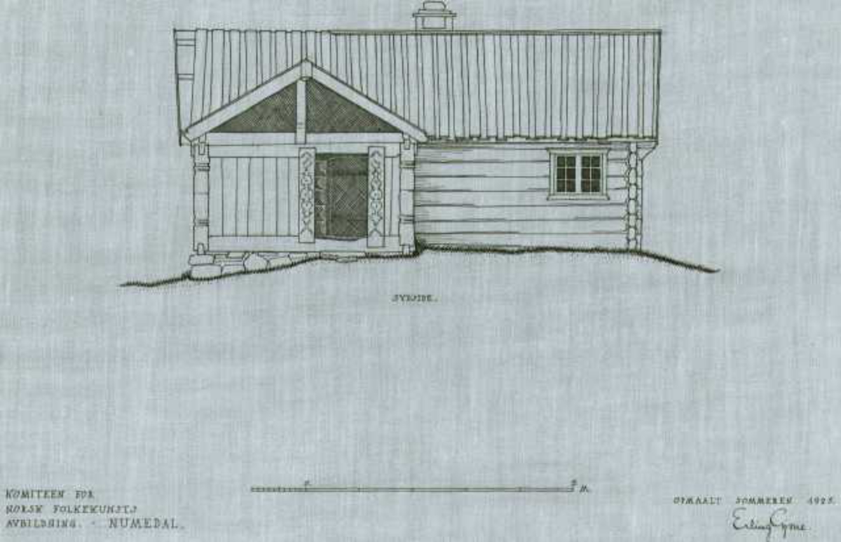 Erling Gjones tegning (1925) av stue på Hvilstein i Nore og Uvdall, Buskerud.