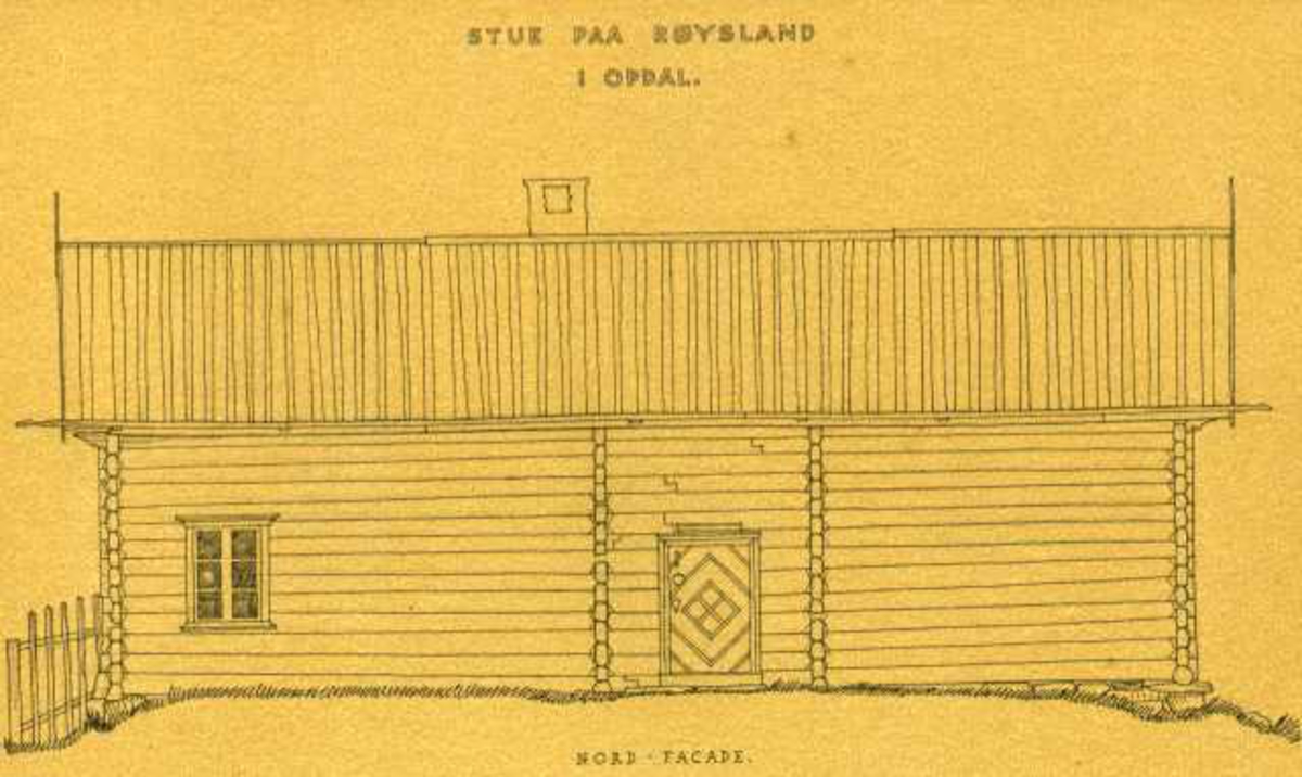 Erling Gjones tegning (1926) av stue på Røysland i Nore og Uvdal, Buskerud.
