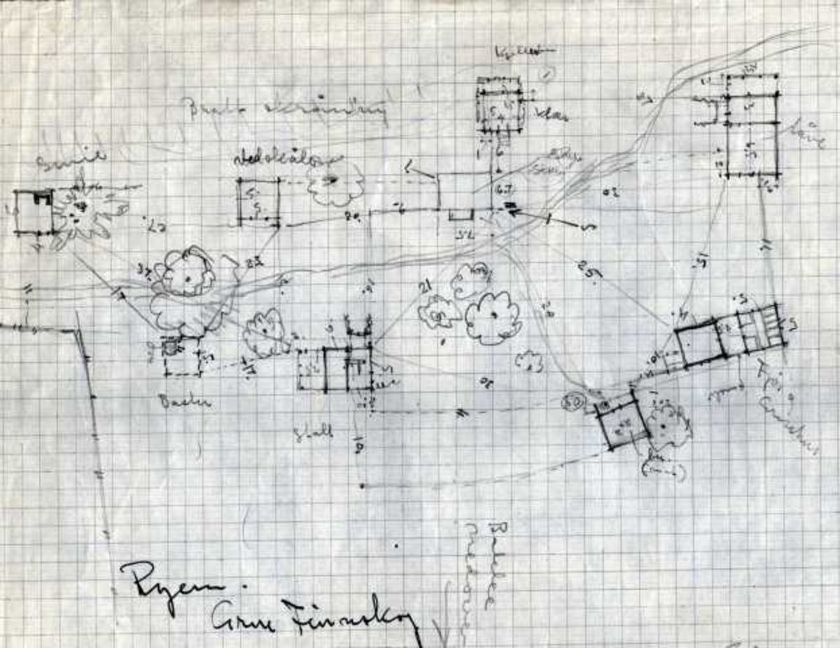 Erling Gjones tegning (1935) av situasjonskart, Ryen, Grue, Finnskog, Hedemark.