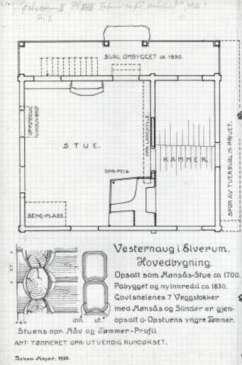 Johan J. Meyers tegning (1935) av tversnitt og grunnplan på hovedbygning, Vesterhaug, Elverum, Hedmark.