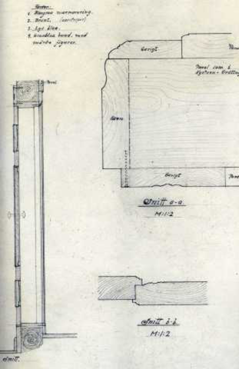 Ole Halvorsens tegning (1920) av dør, bord og profiler, Søndre Bjøntegård, Øvre Rendal, Rendalen, Hedmark.