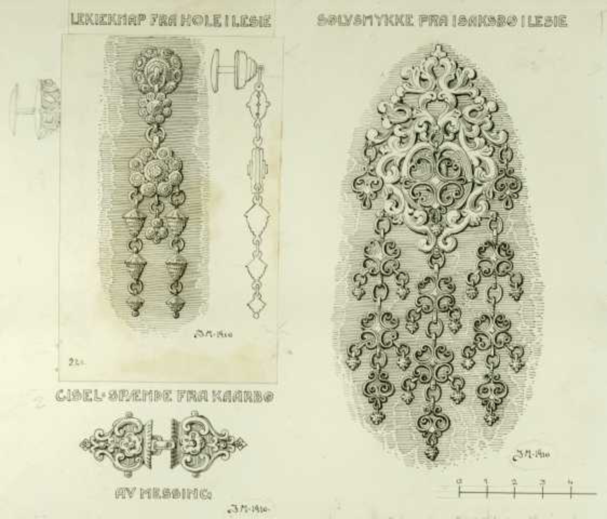 Johan J. Meyers tegning (1910) av smykker fra Hole, Kårbø og Isaksbø, Lesja, Oppland.
