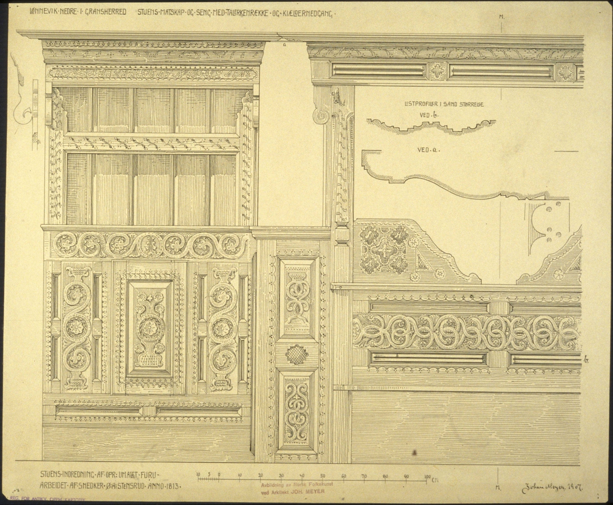 Johan J. Meyers tegning (1907) av skap og seng, Nedre Lynnevik, Gransherad, Notodden, Telemark. Snekret av snekker Ø.A. Stensrud i 1813.