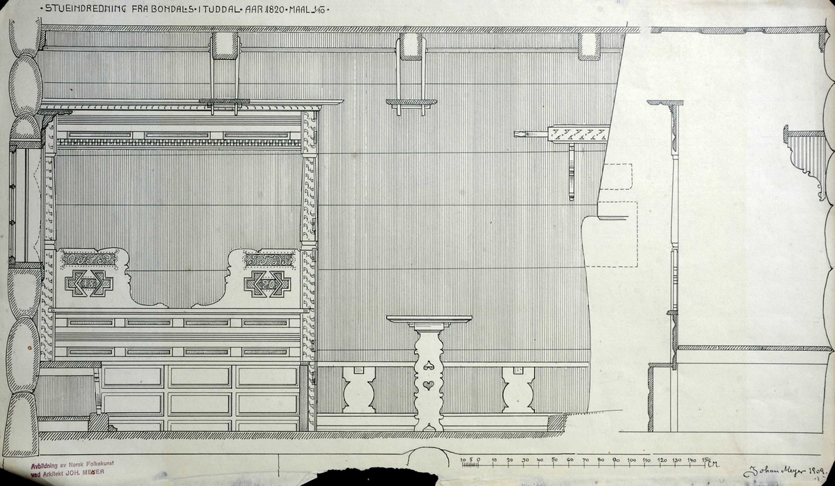 Johan J. Meyers tegning (1909) av stueinnredning fra 1820, Bondal, Tuddal, Hjartdal, Telemark.