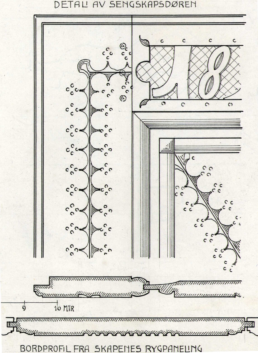 Johan J. Meyers tegning (1909) av tverrsnitt, langsnitt samt innredningsdetaljer i stuebygning, Bondal, Tuddal, Hjartdal, Telemark. Stuen satt opp i 1820 og innredet av Ola Persen Brændemo.