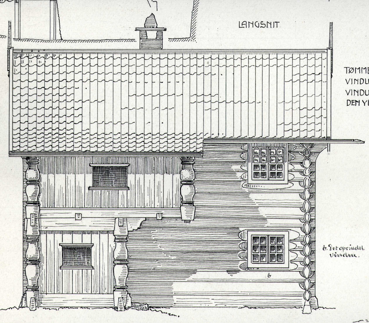 Johan J. Meyers tegning (1909) av langsnitt, tverrsnitt og grunnplan for hovedbygning fra 1805, Sisjord, Hjartdal, Telemark.
