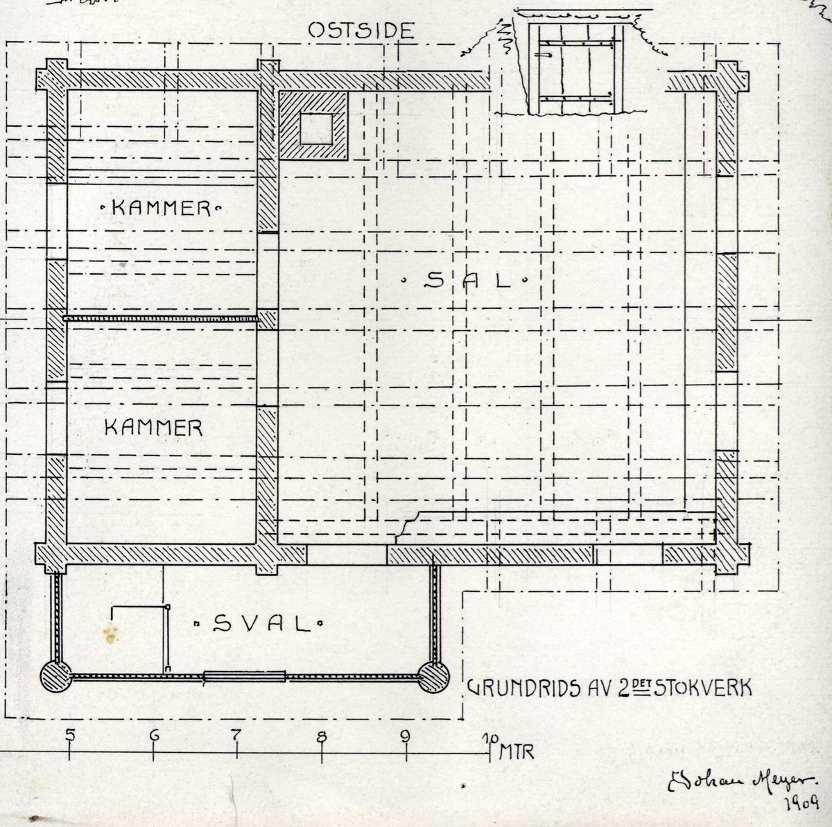 Johan J. Meyers tegning (1909) av langsnitt, tverrsnitt og grunnplan for hovedbygning fra 1805, Sisjord, Hjartdal, Telemark.
