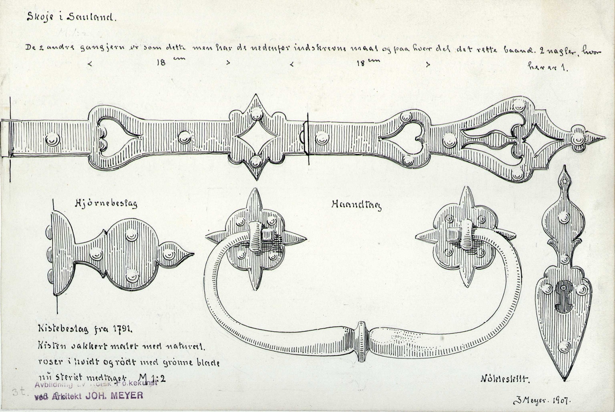 Johan J. Meyers tegning (1907) av 1. hovedbygning fra 1811, 2. dørfelt skåret 1811-1813 og 3. kistebeslag fra 1791, alt fra Skoje, Hjartdal, Telemark, samt 4. framskap fra Frøland, Hjartdal, Telemark.


