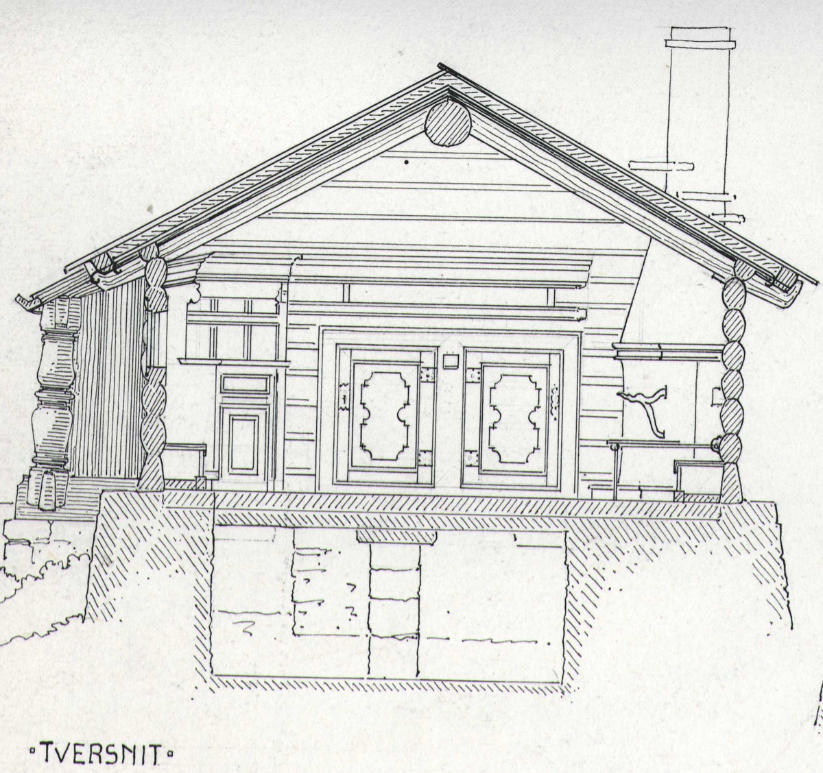 Johan J. Meyers tegning (1909) av stuebygning fra 1790 med langsnitt, tverrsnitt og grunnplan, Øverbø, Hjartdal, Telemark.
