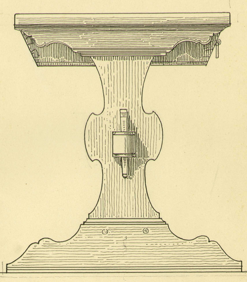 Johan Meyers tegning (1909) av bord og dørklinke ant. fra 1726, Mo, Vågå. Oppland.