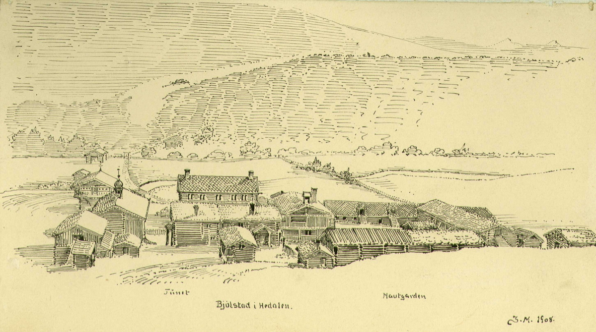 Johan J. Meyers tegning (1908) av gårdstun, Bjølstad, Heidal, Sel, Oppland.