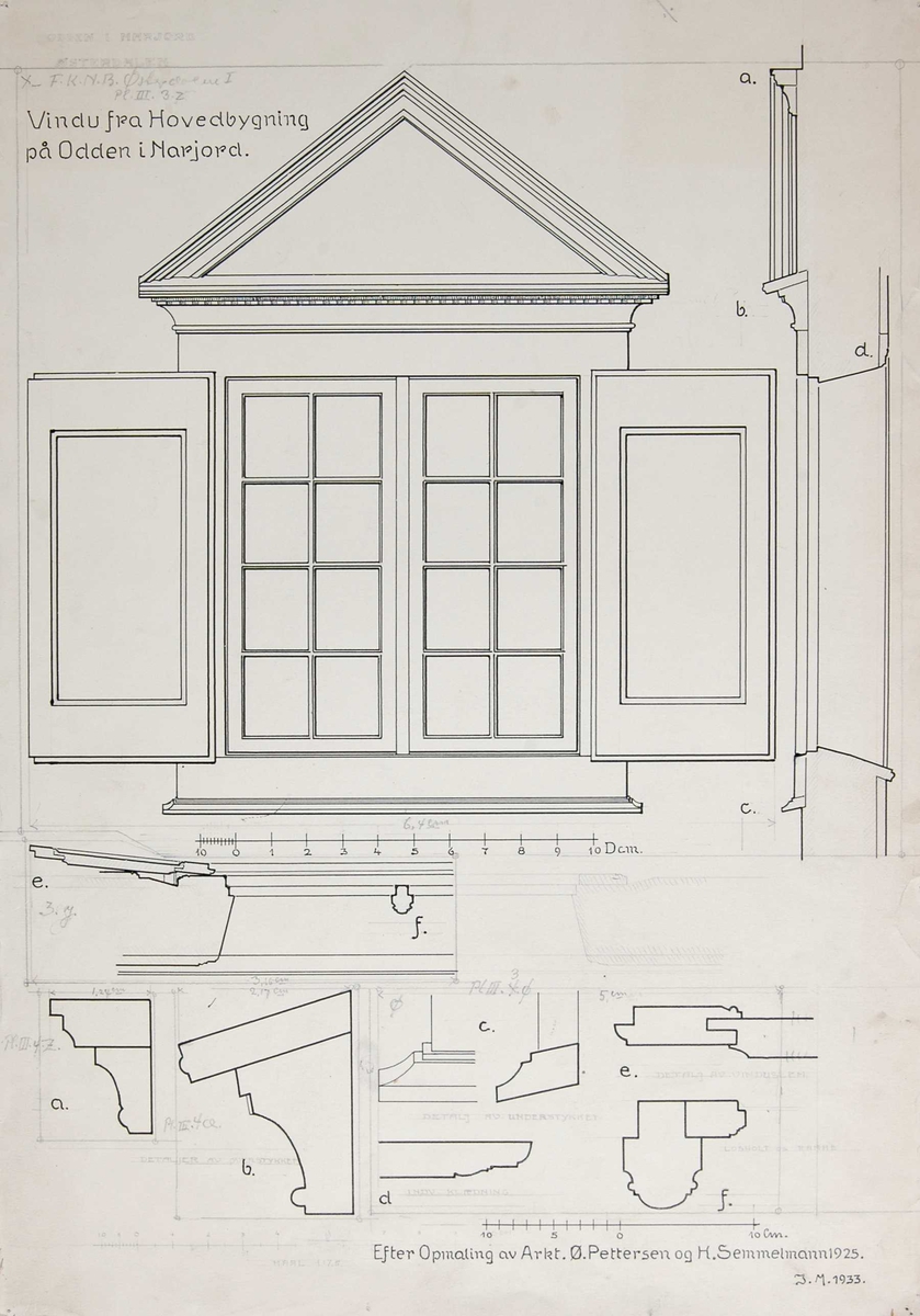 Johan J. Meyers tegning (1933) av vindu i hovedbygning, Odden, Narjordet, Os, Hedmark.