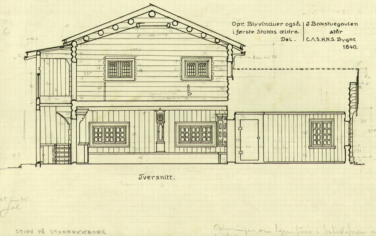 Johan J. Meyers tegning (1935) av hovedbygning, Storbekkmoen, Stor-Elvdal, Hedmark.