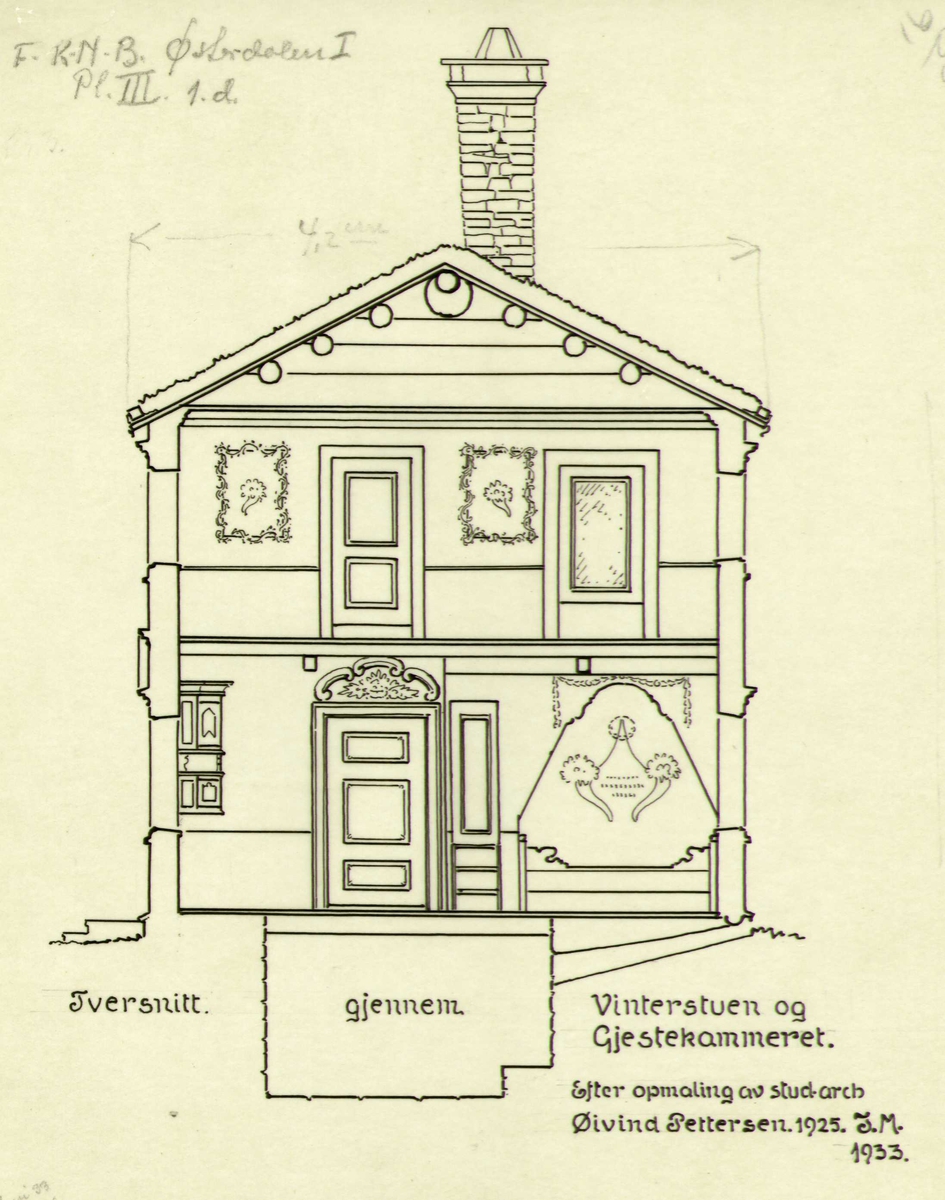 Johan J. Meyers tegning (1933) av tversnitt gjennom vinterstue og gjestekammer, Odden, Narjordet, Os, Hedmark. 
