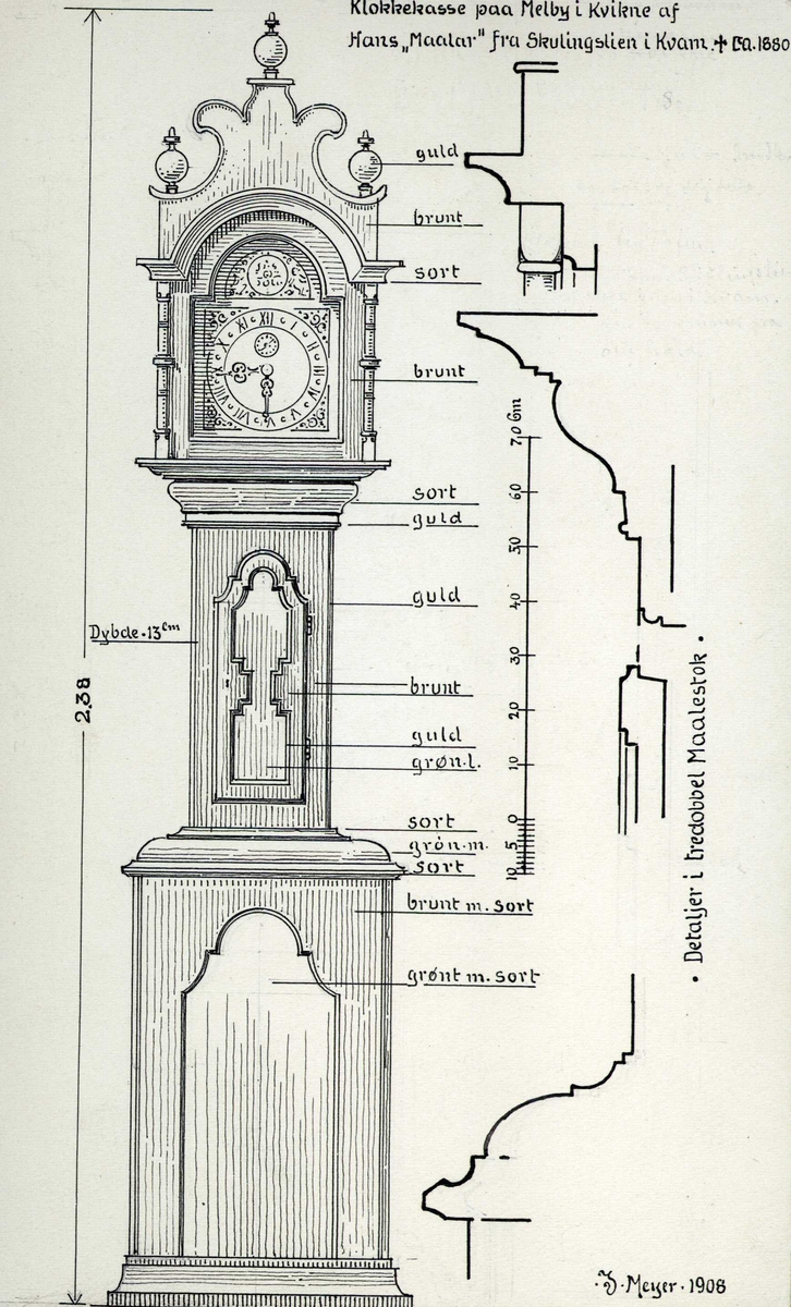 Johan J. Meyers tegning (1908) av gulvur, Melby, Kvikne, Nord-Fron, Oppland.  Utført av Hans "Maalar" fra Skuingslien i Kvam. 