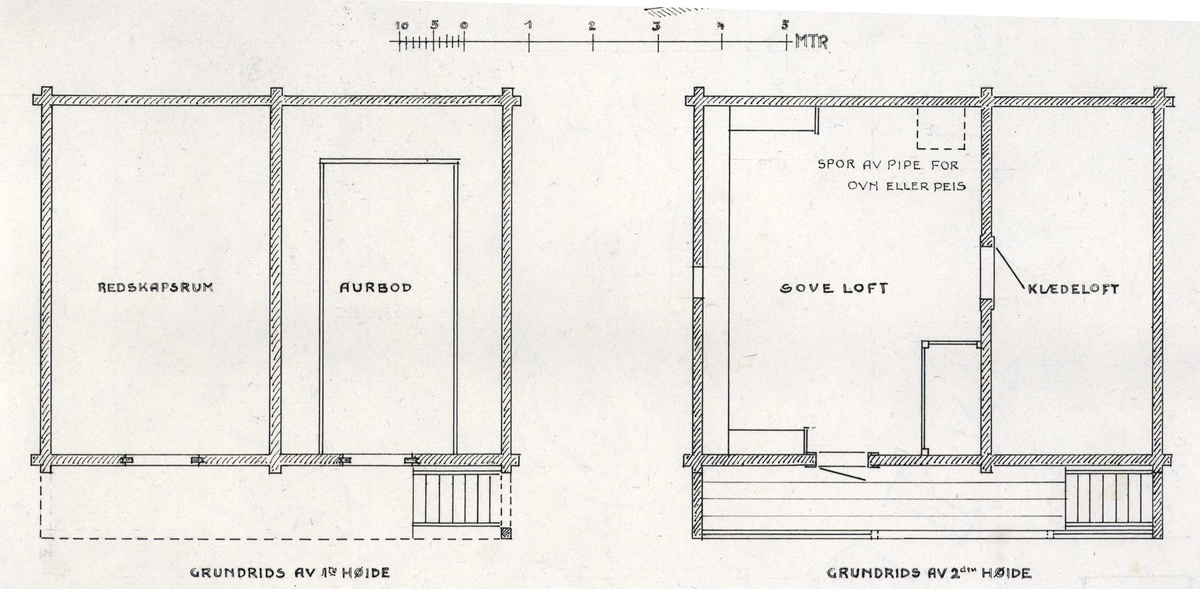 Johan J. Meyers tegning (1911) av loft, grunnplaner, dørbeslag, Tordhol, Lesja, Oppland. Ant. ca. 1740.