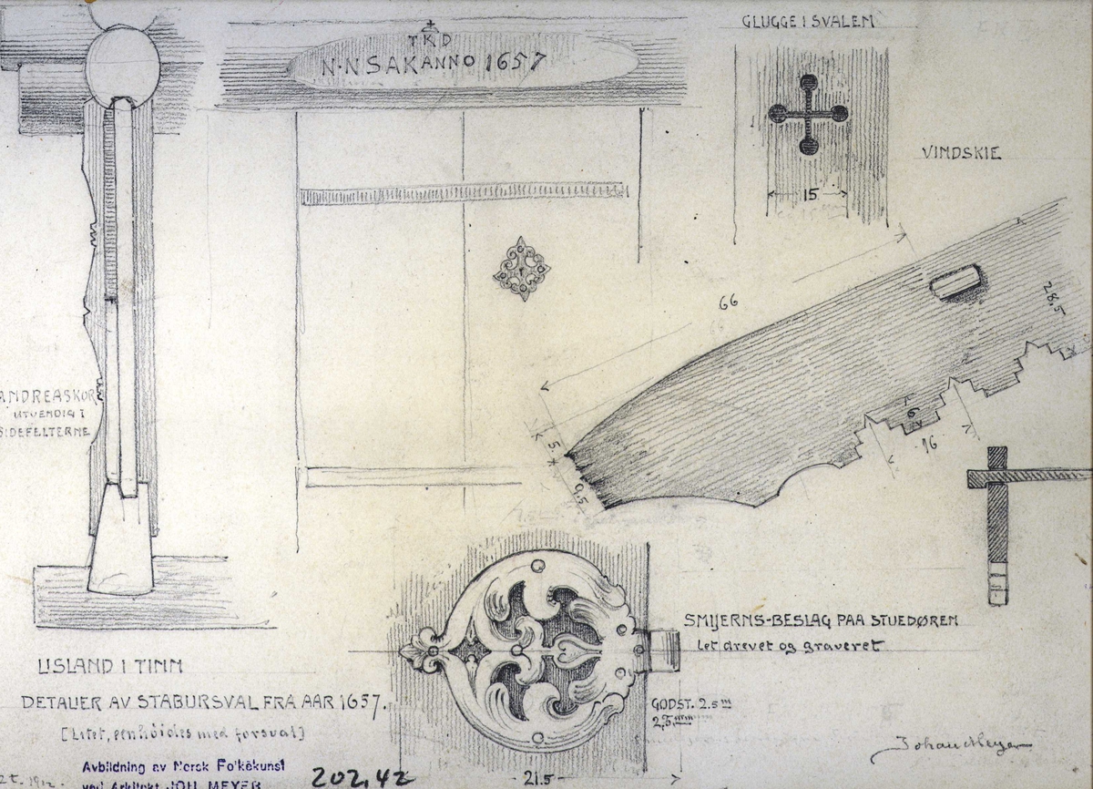 Johan J. Meyers tegning av detaljer på stabbur, vindski, smijernsbeslag, Lisland, Tinn, Telemark.