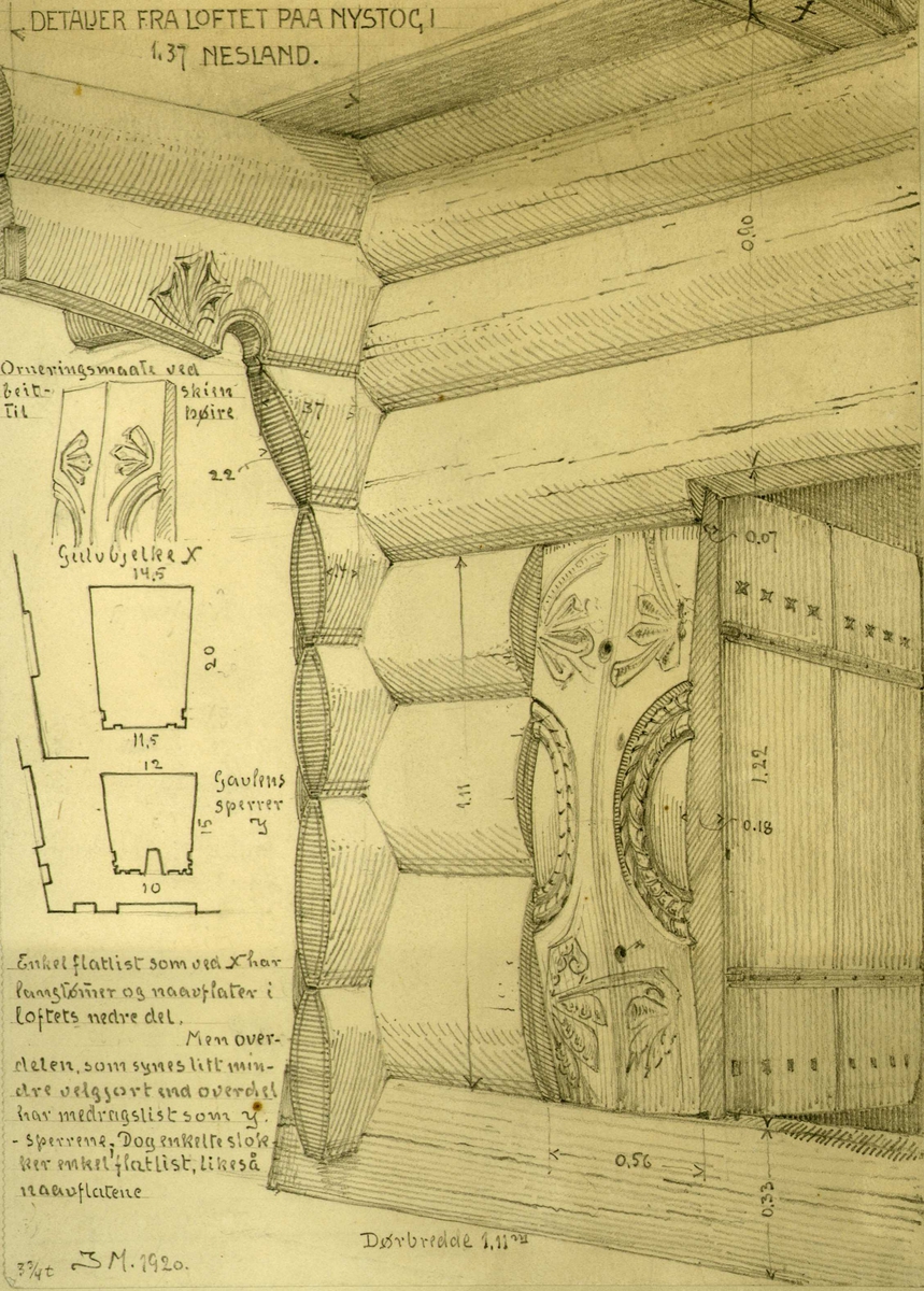 Johan J. Meyers tegninger (1920-1921) av diverse  bygningsdetaljer på forskjellige gårder i Vinje, Rauland, Telemark. 
1. Oversikt over alle tegningene.
2-3. Detaljer fra loft, Negarden, Vinje, Telemark.
4. Detaljer fra loft, Nystog, Rauland, Vinje, Telemark.
5. Detaljer fra loft, Berge, Rauland, Vinje, Telemark.
6-7. Detaljer fra loft, Midtgarden, Rauland, Vinje, Telemark.