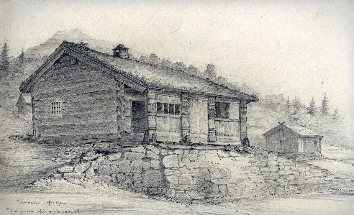 Johan J. Meyers tegning (1917) av den gamle stuen, Røyndal, Vinje, Telemark.
