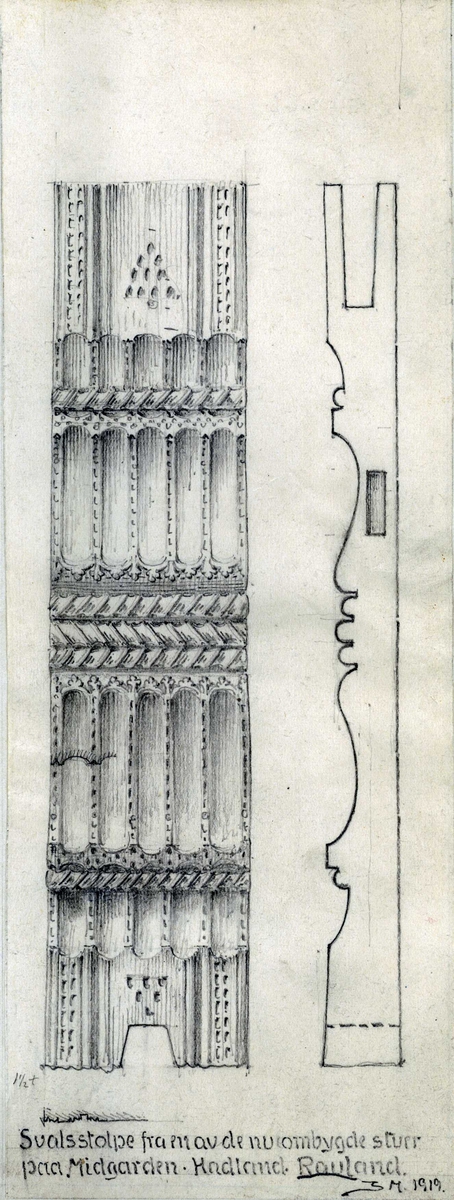 Johan J. Meyers tegninger (1919) av div. svalstolper på forskjellige gårder i  Vinje, Telemark. 
1. Hjørne- og inngangsstolpe fra svalstuen, datert 1714,  Øygarden, Rauland, Vinje, Telemark.
2. Svalstolpe, datert 1747,  Botten, Vinje, Telemark. Ant. fra stuen på Opigard, Vinje, Telemark.
3. Svalstolpe, Midtgarden, Rauland, Vinje, Telemark.