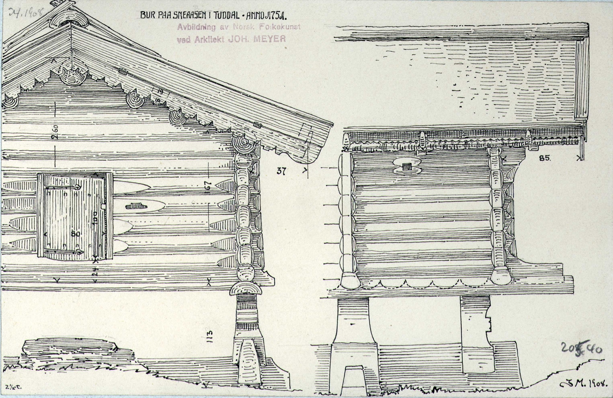 Johan J. Meyers tegning (1908) av bur fra 1751, Sneåsen, Tuddal, Hjartdal, Telemark.

