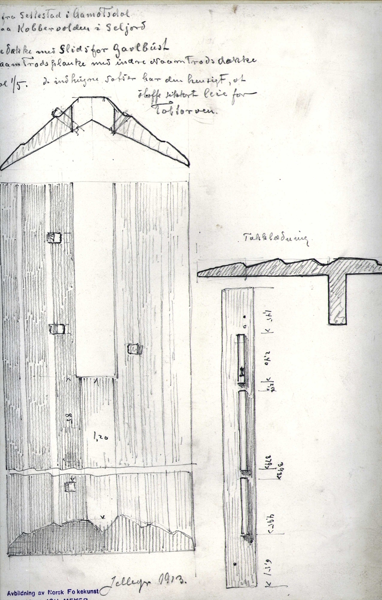 Johan J. Meyers tegning (1913) av loftsdetalj, Koparvollen, Seljord, Telemark. Tidligere på Selstad, Åmotsdal