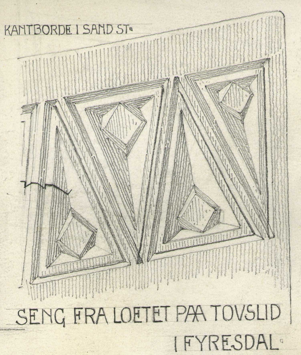 Johan J. Meyers tegning (1922) av 
1-2.Bord datert 1736, fra Midtgarden, Nedre Birtedalen, Fyresdal, Telemark. 
3-4.Seng fra loft, Tovslid, Fyresdal, Telemark. 

