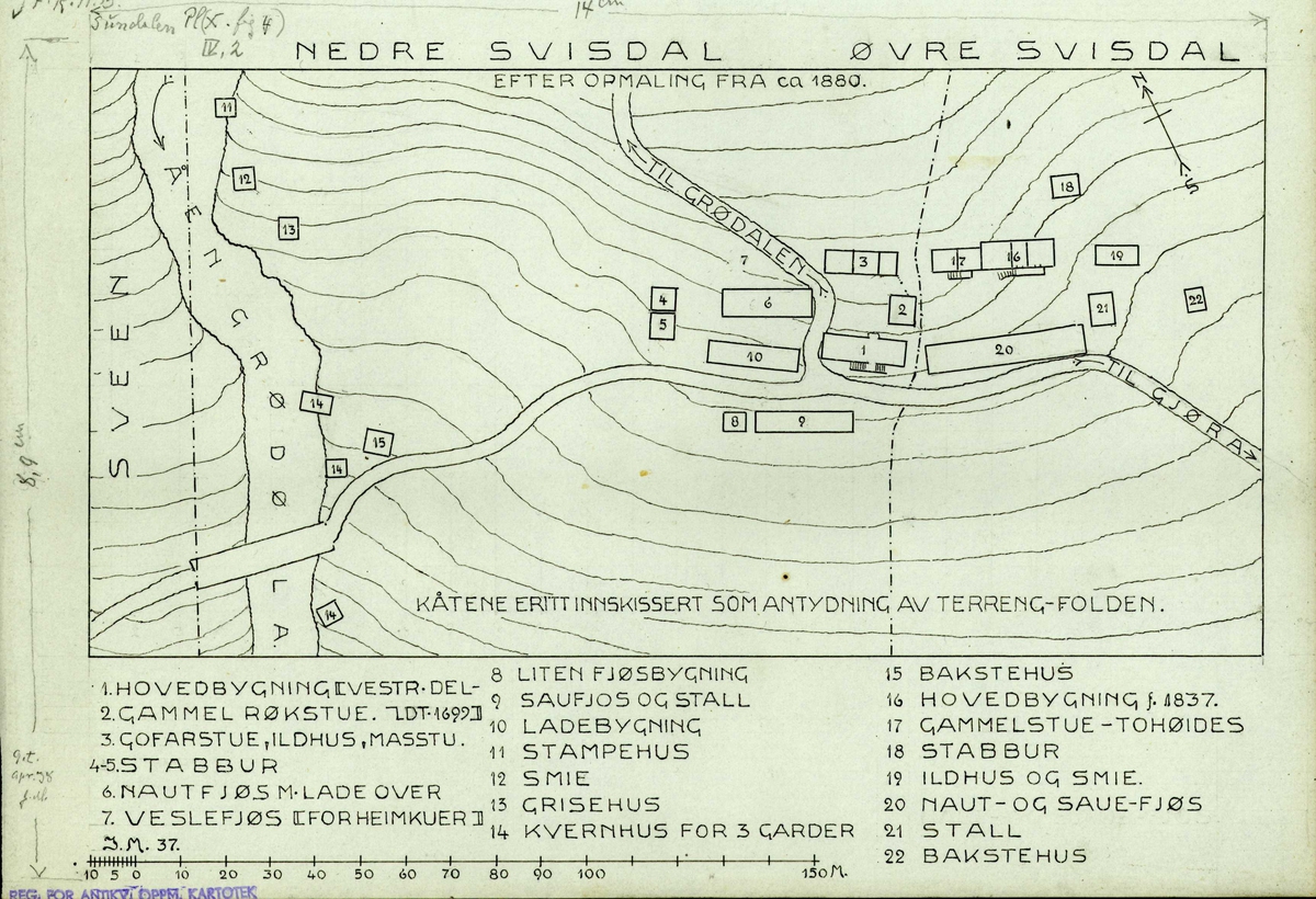 Johan Meyers tegning (1937) av situasjonskart over gårdstun, Nedre og Øvre Svisdalen, Sunndal, Møre og Romsdal. Etter oppmåling fra ca. 1880.