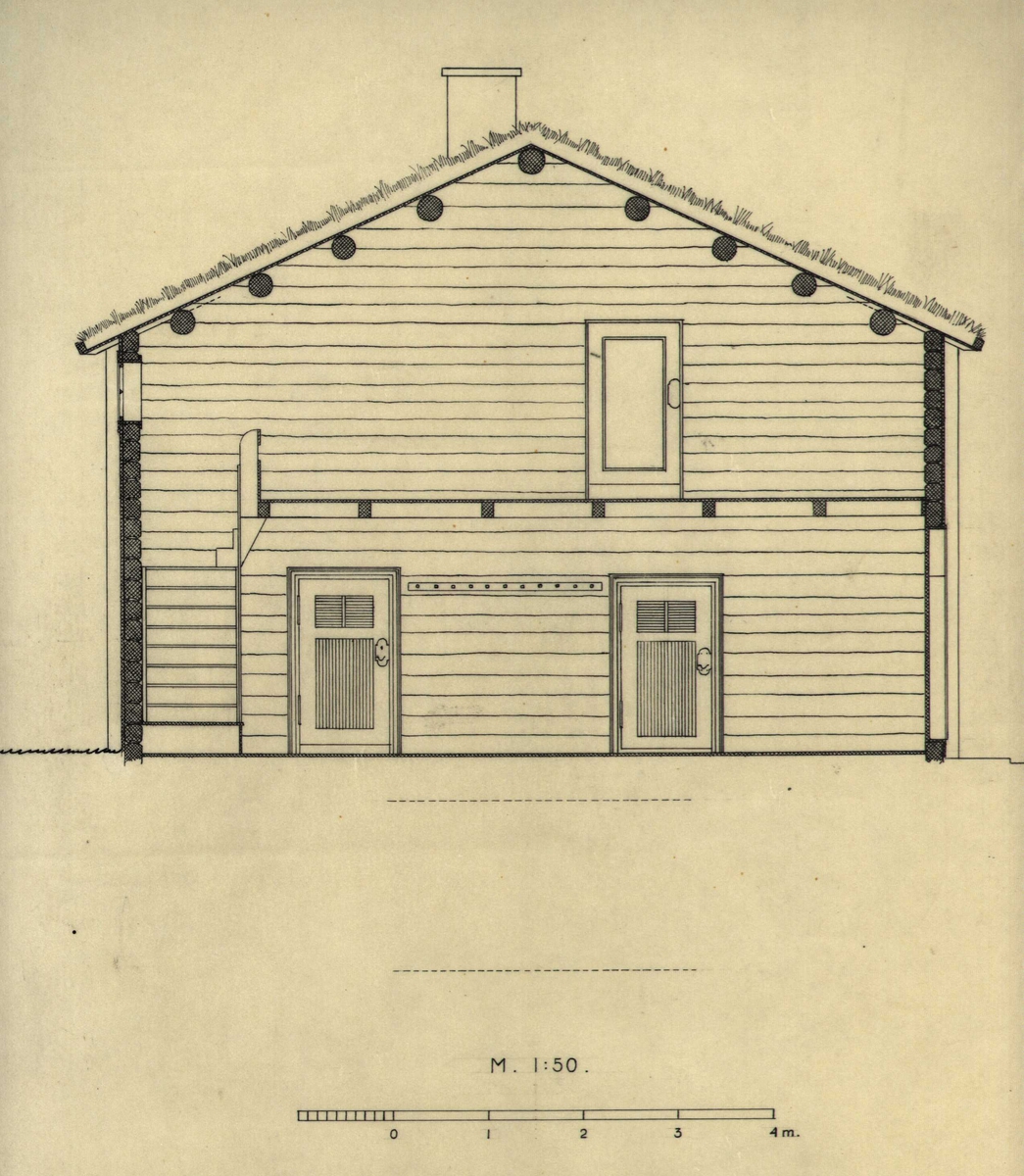 Erling Gjones tegning (1934) av stuebygning, Søndre Stormoen, Åsnes, Hedmark. 