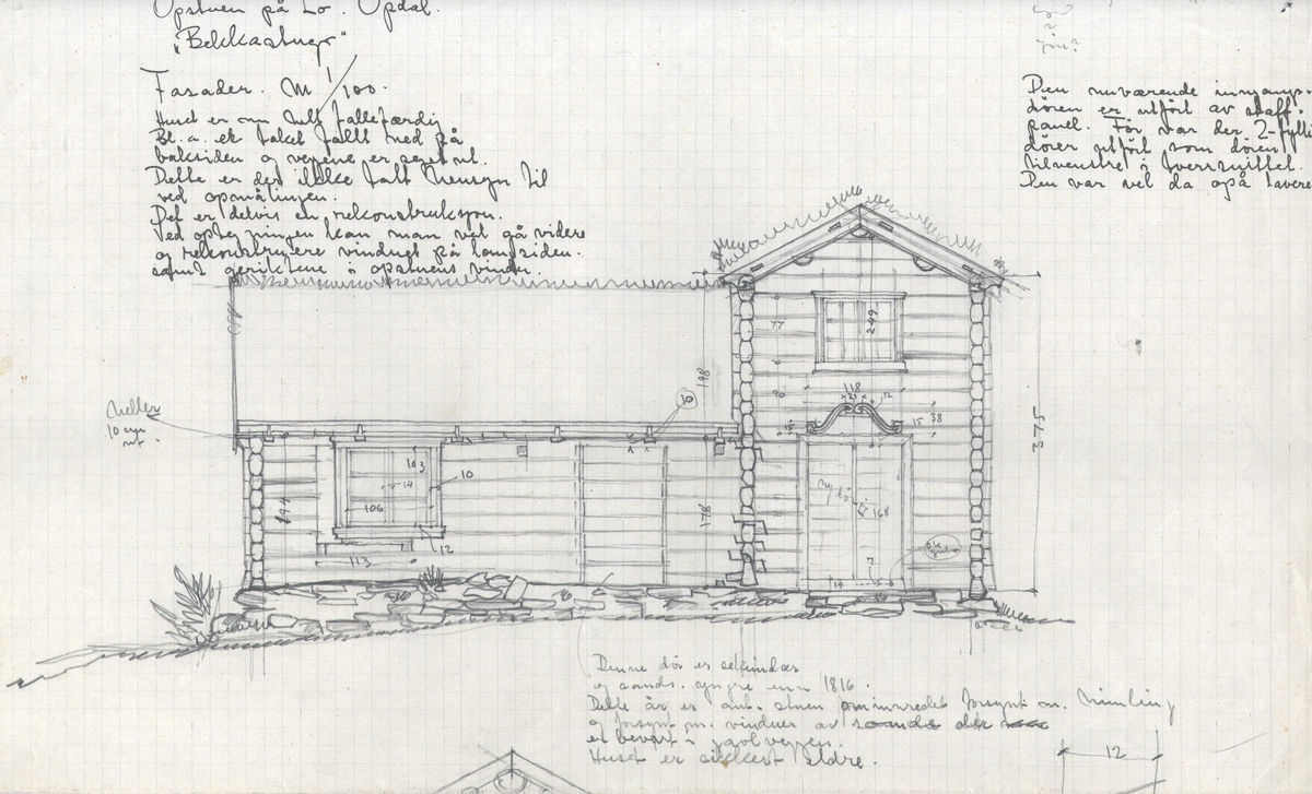 Erling Gjones oppmålingstegning av oppstue, "Bekkastua",  Lo,  Oppdal, Sør-Trøndelag. 