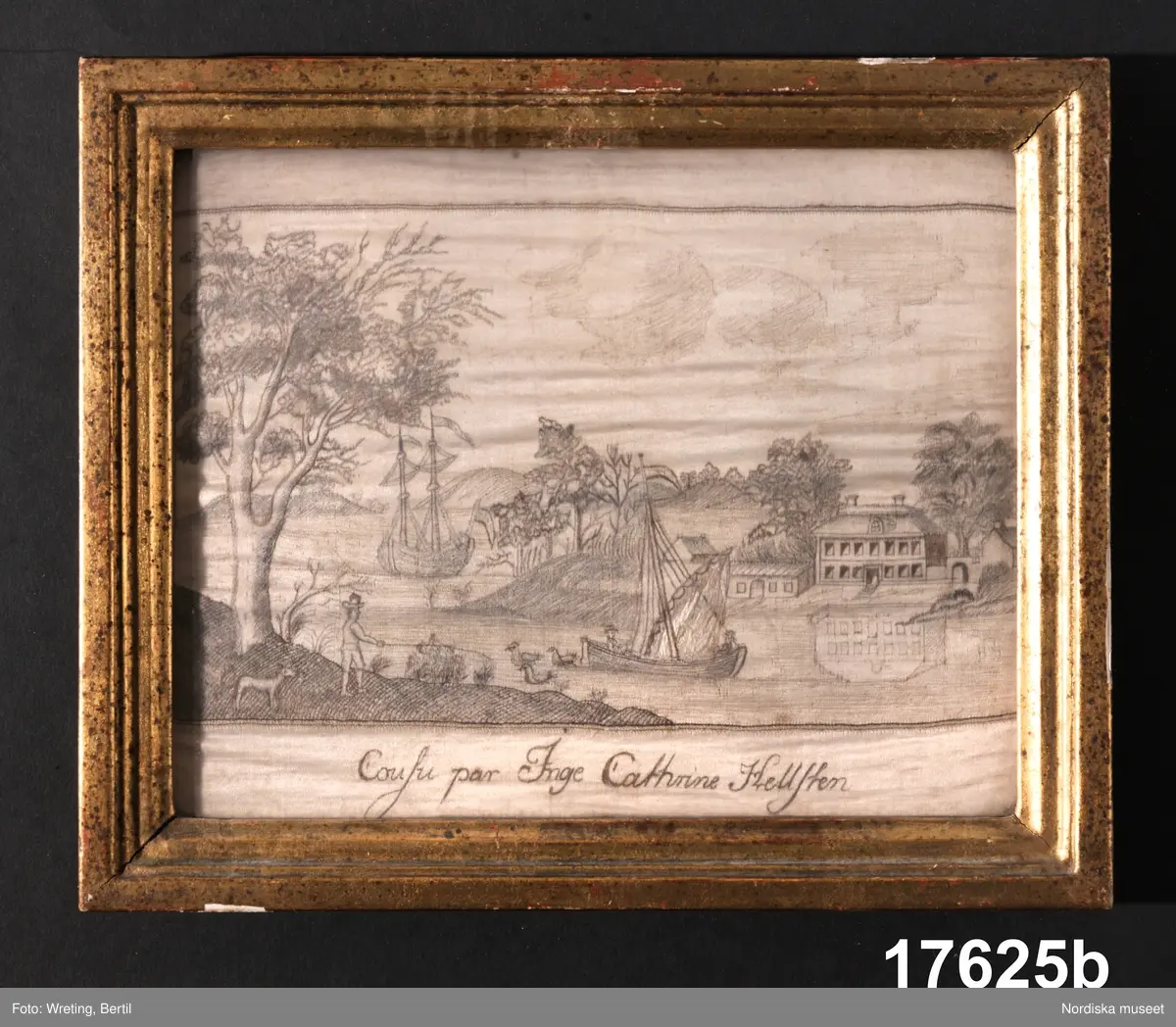 Scen, utflykt vid sjöstrand a)
Landskap, sjölandskap med båtar och byggnad b)